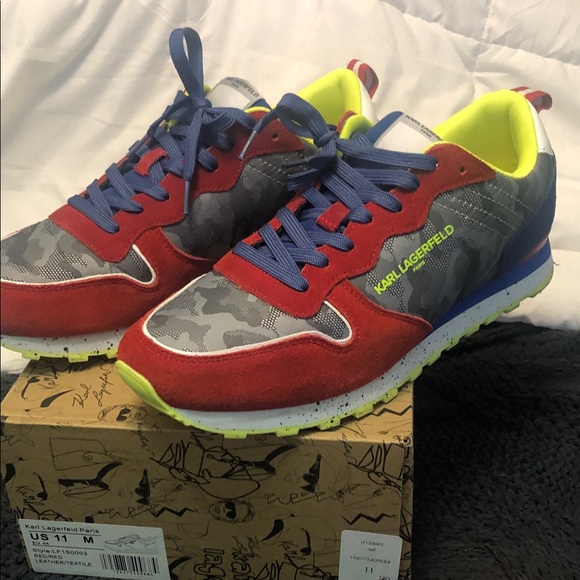 Karl Lagerfeld Red, Blue Suede and Gray Camouflage Sneakers - Picture 3 of 9